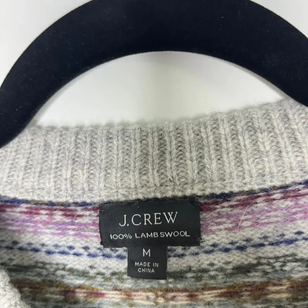J. Crew Mens Sweater Medium Striped Gray Fair Isle Supersoft Lambs Wool Crewneck